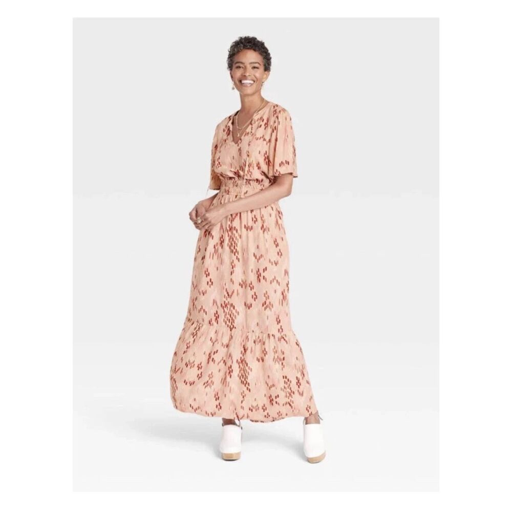 Knox Rose Boho Maxi Dress Women's Small Pink Ikat Tassel Tie Flutter Sleeve